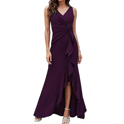 Elegant V-Neck Party Maxi Dress Women Fashion Sleeveless Ruffle Split Gown Prom Dress Ladies Slim Fit Tie Up Bodycon Gala Dress