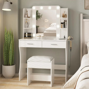 Desk with Lights,Makeup Vanity with Power Strip,Dressing Table Set with 2 Large Drawers,Vanity Mirror 3 Lighting Color Adjustabl