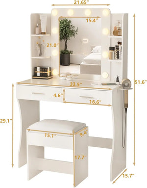 Desk with Lights,Makeup Vanity with Power Strip,Dressing Table Set with 2 Large Drawers,Vanity Mirror 3 Lighting Color Adjustabl