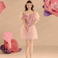 Off Shoulder Light Pink Ruffled Mini Length Satin & Chiffon Birthday Dress With Bows Open Back Beaded Cocktail Dresses Elegant