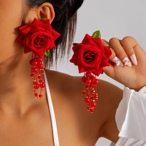 Red Rose Beaded Dangle Earrings