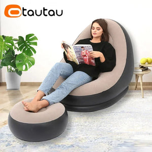 Lazy Couch Sofas Inflatable Chair Foldable Recliner Outdoor Sofa Bed Footstool Portable Folding Air Bed Lunch Lounge Chair Set