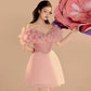 Off Shoulder Light Pink Ruffled Mini Length Satin & Chiffon Birthday Dress With Bows Open Back Beaded Cocktail Dresses Elegant