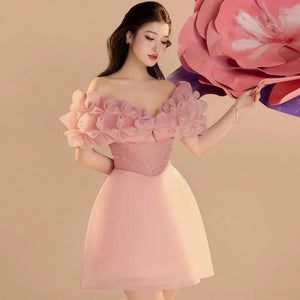 Off Shoulder Light Pink Ruffled Mini Length Satin & Chiffon Birthday Dress With Bows Open Back Beaded Cocktail Dresses Elegant