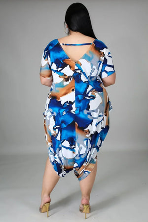 KEXU Women Plus Size Jumpsuit Print Short Sleeve V Neck Loose Knee Length Romper Casual Fashion Streetwear Summer Beach Outfit