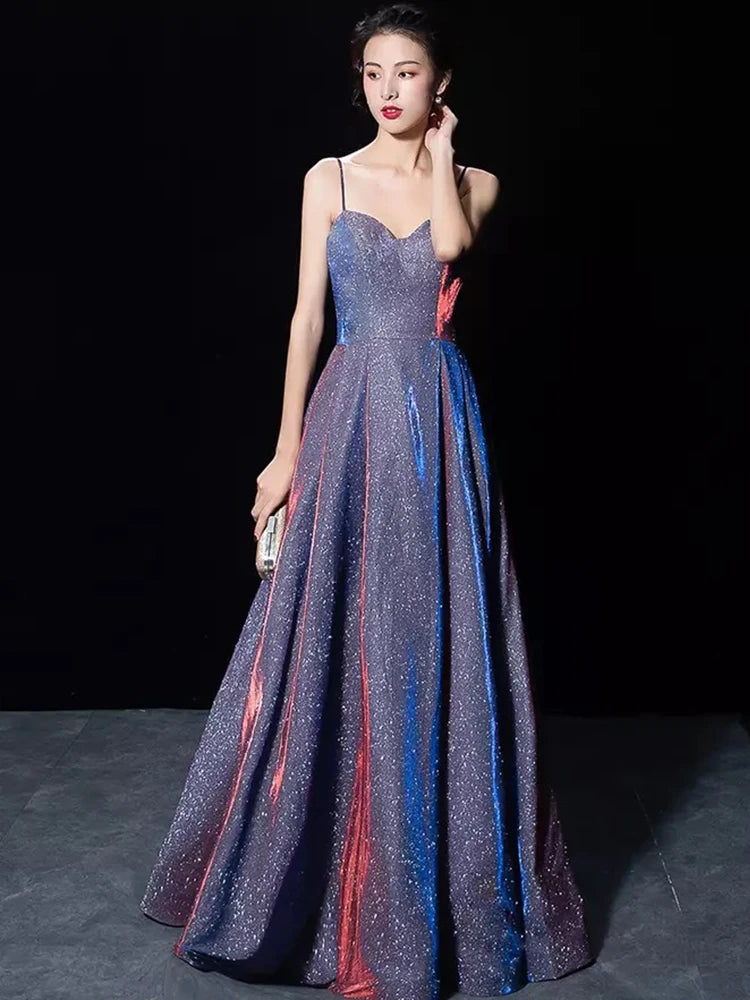 Elegant Glitter Banquet Dresses Women Fashion Spaghetti Straps Slimming Starry Sky Evening Party Dress Sexy Gown Prom Dress