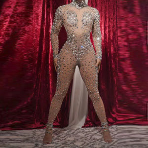 Colorful Rhinestone Long Jumpsuit for Women Elastic Mesh Pearl Detail Party Performance Stage Costume Fashionable Women's Outfit