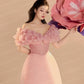 Off Shoulder Light Pink Ruffled Mini Length Satin & Chiffon Birthday Dress With Bows Open Back Beaded Cocktail Dresses Elegant