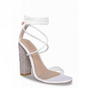 Sandales à talons hauts et épais avec ceinture transparente blanche et bout ouvert