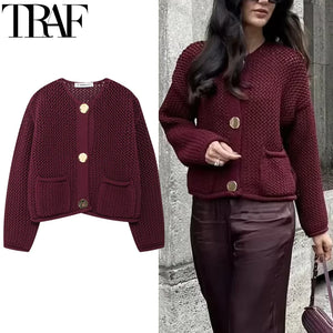 TRAF Knitted Sweater Cardigan For Women Autumn Long Sleeve Cropped