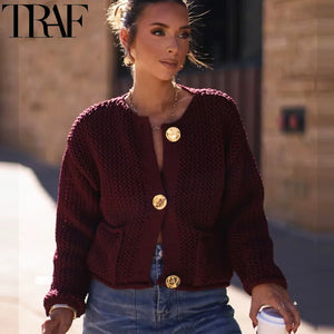 TRAF Knitted Sweater Cardigan For Women Autumn Long Sleeve Cropped