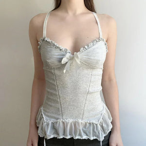 Y2K Lace Ruffles Crop Top Women Coquette Aesthetic Bow Milkmaid Corset Cute Japanese Lolita Style Camis Fairy Vest 2023