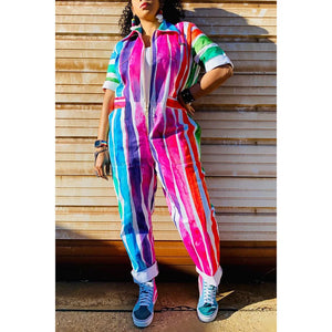 Plus Size Multicolor Casual Fall Winter Rainbow Lapel Collar Half Sleeve Zipper Jumpsuits