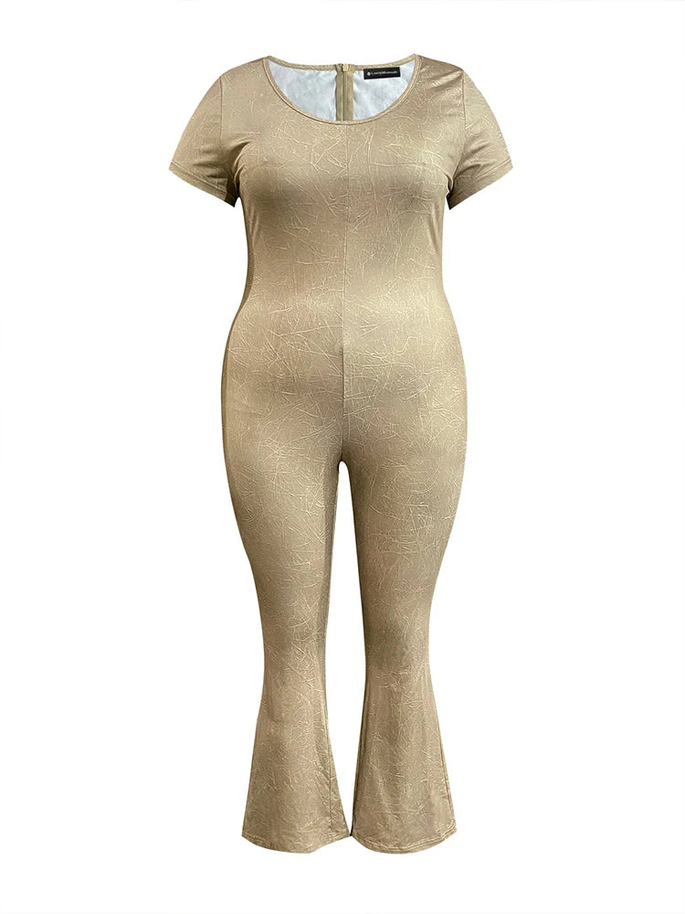 LW Plus Size Flared Jumpsuits for Women Autumn Casual Short Sleeve V Neck Zipper Skinny Trousers Large Size Full Jumpsuit Woman