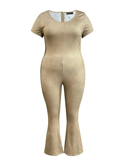 LW Plus Size Flared Jumpsuits for Women Autumn Casual Short Sleeve V Neck Zipper Skinny Trousers Large Size Full Jumpsuit Woman