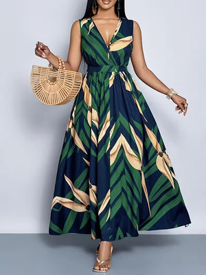 &nbsp;PriWomen's Tropical Floralnt Deep V-Neck Flared Dress