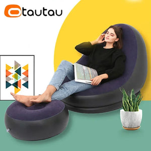 Lazy Couch Sofas Inflatable Chair Foldable Recliner Outdoor Sofa Bed Footstool Portable Folding Air Bed Lunch Lounge Chair Set