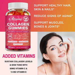 Alliwise Collagen Gummies with Biotin for Hair Growth Skin Care Brighten Skin & Skin Hydrolyzed Helps Nail Bone Joint 