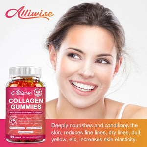 Alliwise Collagen Gummies with Biotin for Hair Growth Skin Care Brighten Skin & Skin Hydrolyzed Helps Nail Bone Joint 