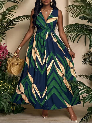  PriWomen's Tropical Floralnt Deep V-Neck Flared Dress